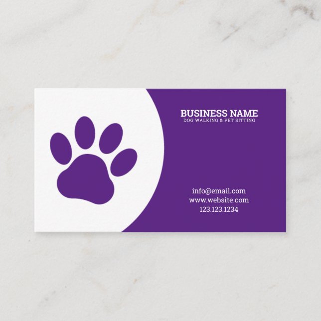Unique White and Purple Single Paw Dog Walker Business Card (Front)