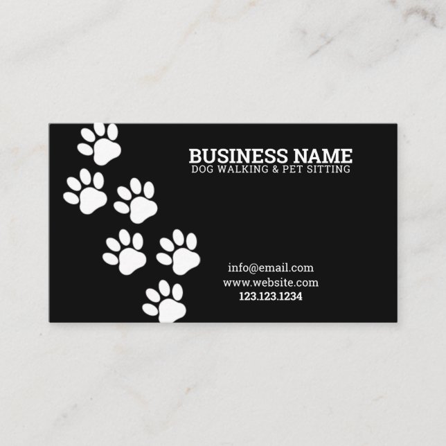 Unique White & Black Paw Print Steps Dog Walker Business Card (Front)