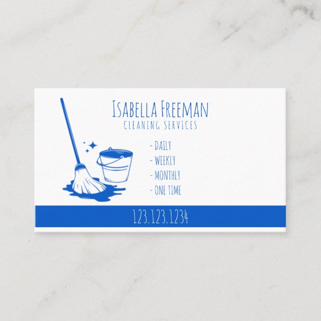Unique White & Blue House Cleaning Service Business Card (Front)
