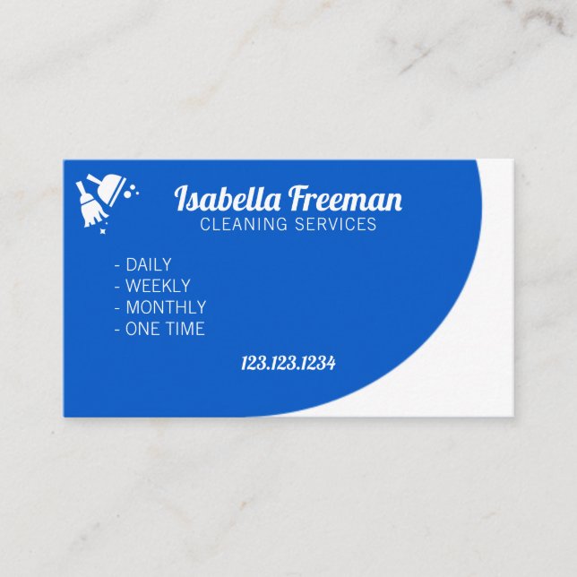 Unique White & Blue Maid House Cleaning Business Card (Front)