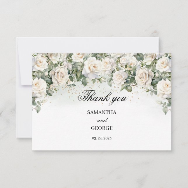 Unique White Roses Floral Garden greenery wedding Thank You Card (Front)