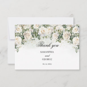 Unique White Roses Floral Garden greenery wedding Thank You Card