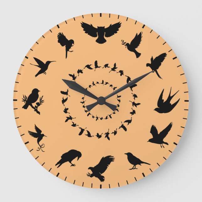 Unique Wild Bird Black Silhouettes Themed Large Clock (Front)