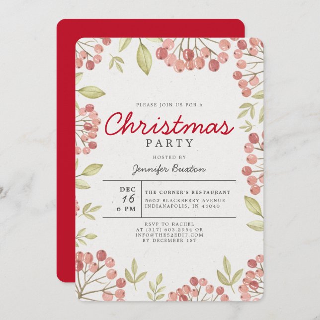 Unique Winter Berries Greenery Christmas Party Invitation (Front/Back)