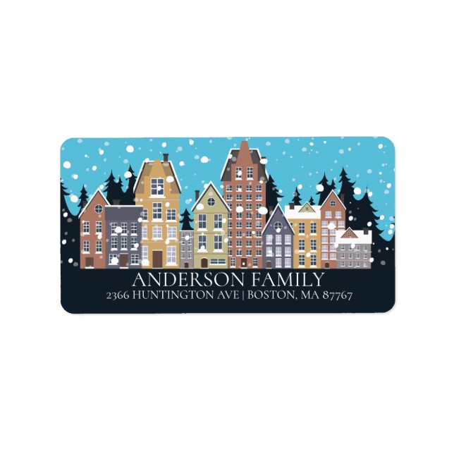 Unique Winter City Houses Christmas Address Label (Front)