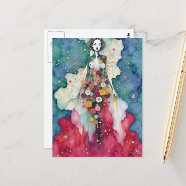 Unique Woman In the Secrect Garden Mixed Inks Postcard (Front/Back In Situ)