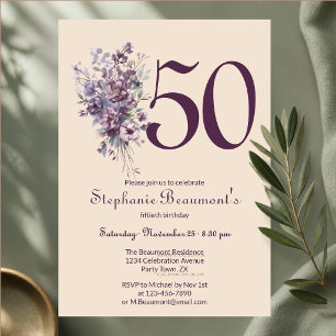 Unique Woman's Plum Cream Floral 50th Birthday Invitation