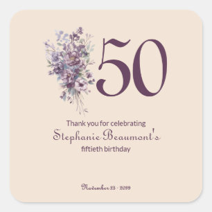 Unique Woman's Plum Cream Floral 50th Birthday Square Sticker
