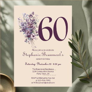 Unique Woman's Plum Cream Floral 60th Birthday Invitation