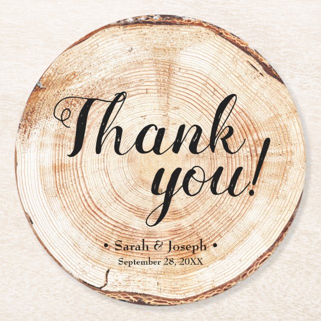 Unique Wood Grain Rustic Wedding Thank You Round Paper Coaster (Front)