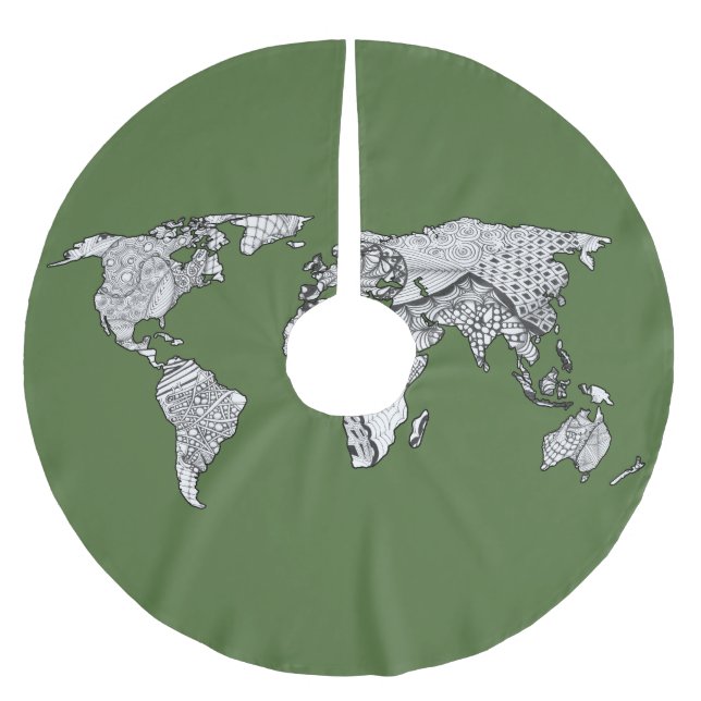 Unique World Map Art Doodle Brushed Polyester Tree Skirt (Front)