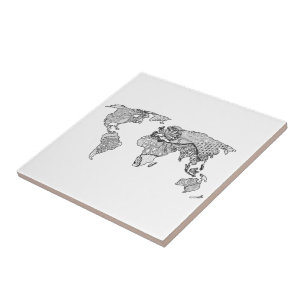 Unique World Map Art Doodle Ceramic Tile
