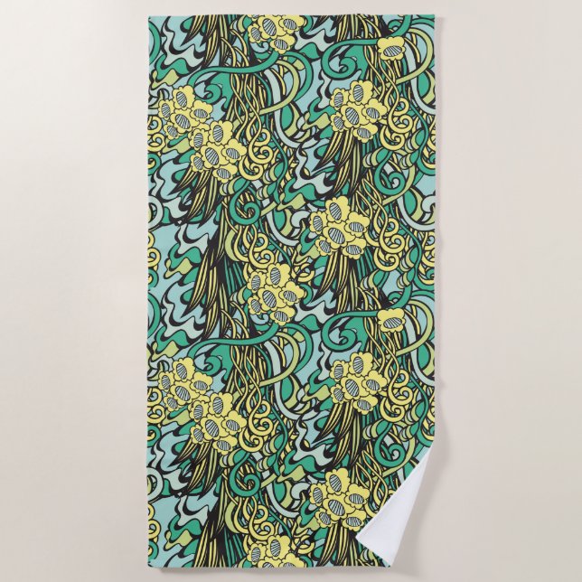 Unique Yellow and Green Floral Pattern Beach Towel (Front)
