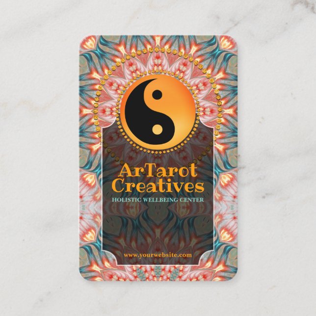 Unique Yoga Teal+Orange Mandala Yin Yang Balance Business Card (Front)