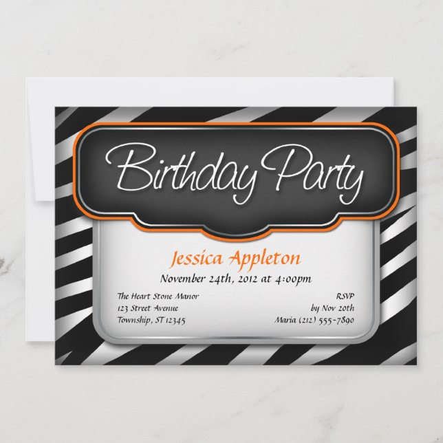 Unique Zebra Print Orange Birthday Invitations (Front)