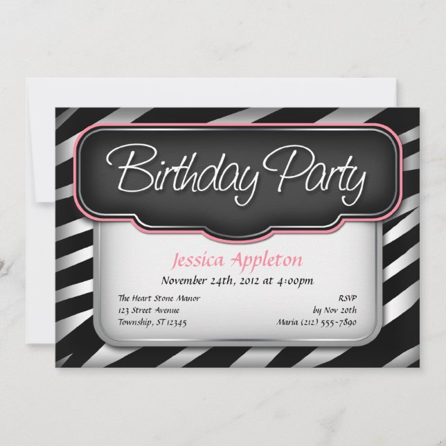 Unique Zebra Print Pink Birthday Invitations (Front)