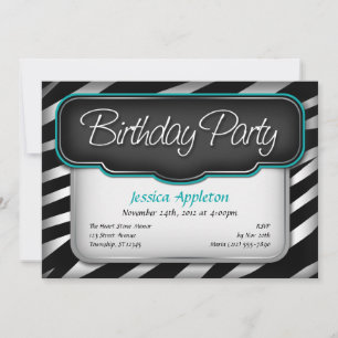 Unique Zebra Print Teal Birthday Invitations