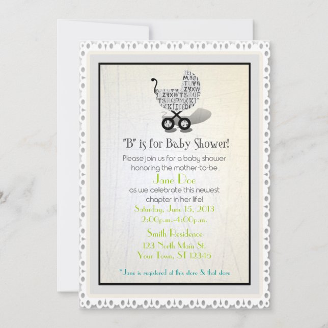 Unisex Alphabet Baby Carriage Shower Invites (Front)