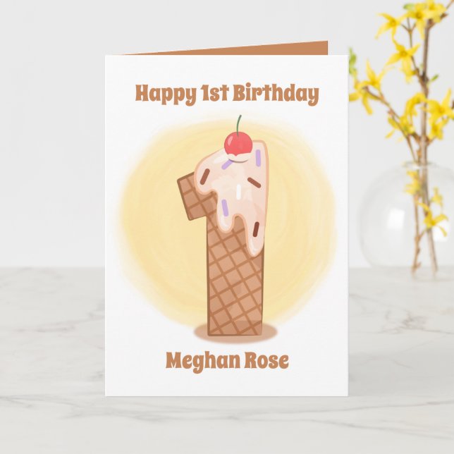unisex baby ice cream 1st Birthday add sentiment  Card (Yellow Flower)