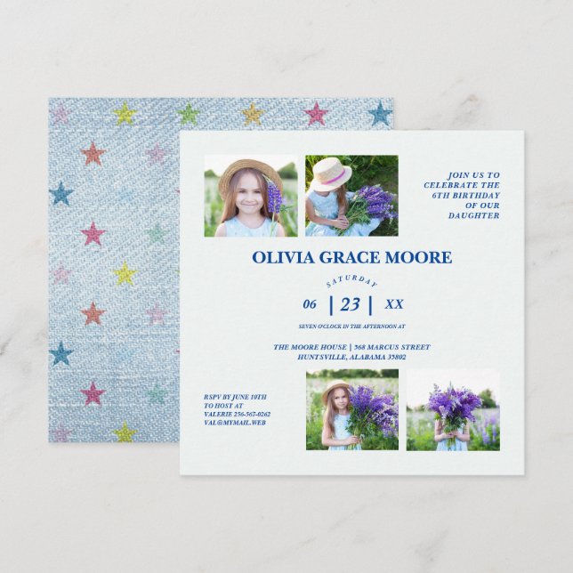 Unisex Denim Multicolored Stars Children Birthday Invitation (Front/Back)