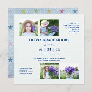 Unisex Denim Multicolored Stars Children Birthday Invitation