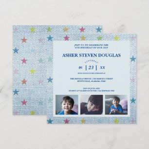 Unisex Denim Stars Three Photos Children Birthday Invitation