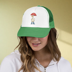 Unisex Green Cap with Duck and Wellies, Red Umbrel