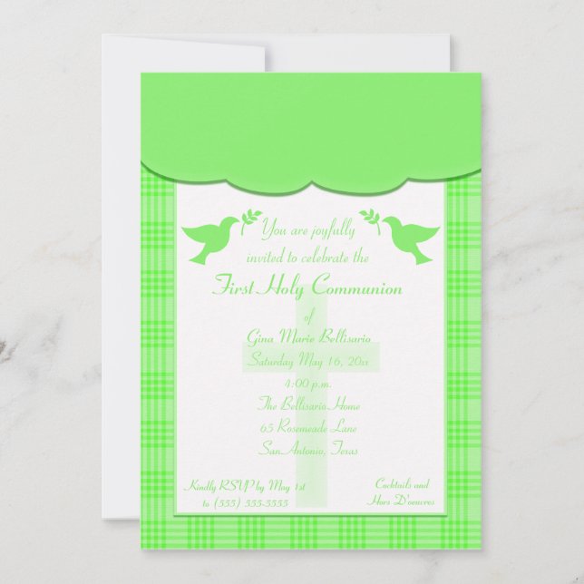 Unisex Green plaid First Holy Communion Invitation (Front)