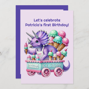 Unisex kids dinosaur ice cream party  invitation