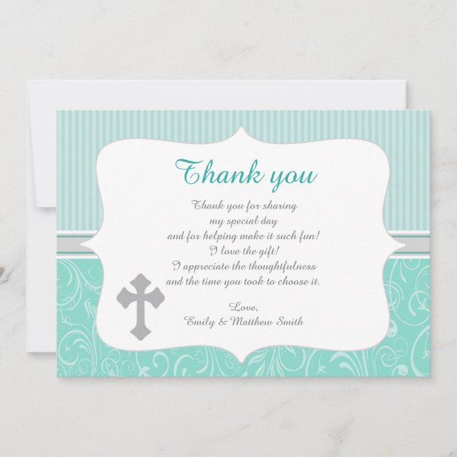 Unisex Turquoise Baptism Thank You Card Note (Front)