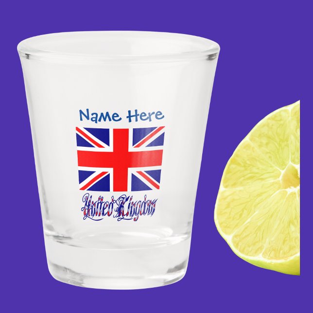 United Kingdom British Flag Blue Personalisation Shot Glass (Shot glass has the British flag with words UNITED KINGDOM below in flag colors. Add a name above.)