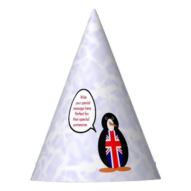 United Kingdom Flag Holiday Ms. Penguin Talking Party Hat (Front)