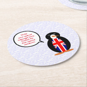 United Kingdom Flag Holiday Ms. Penguin Talking Round Paper Coaster