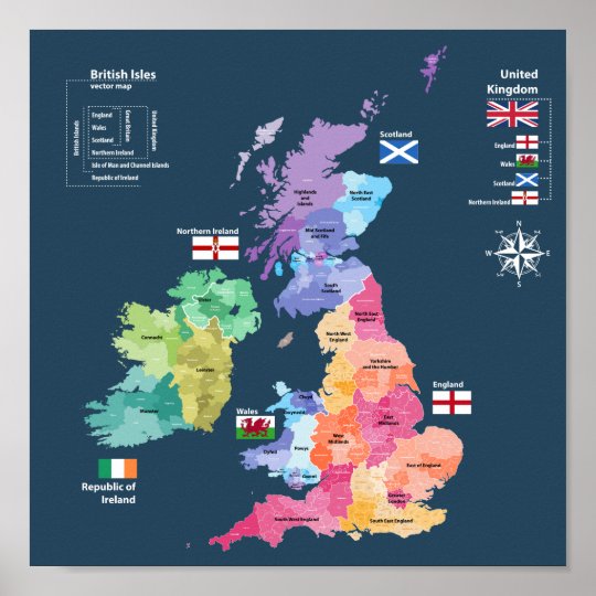 Map Of England And Ireland United Kingdom Map - England Counties Poster | Zazzle.com.au