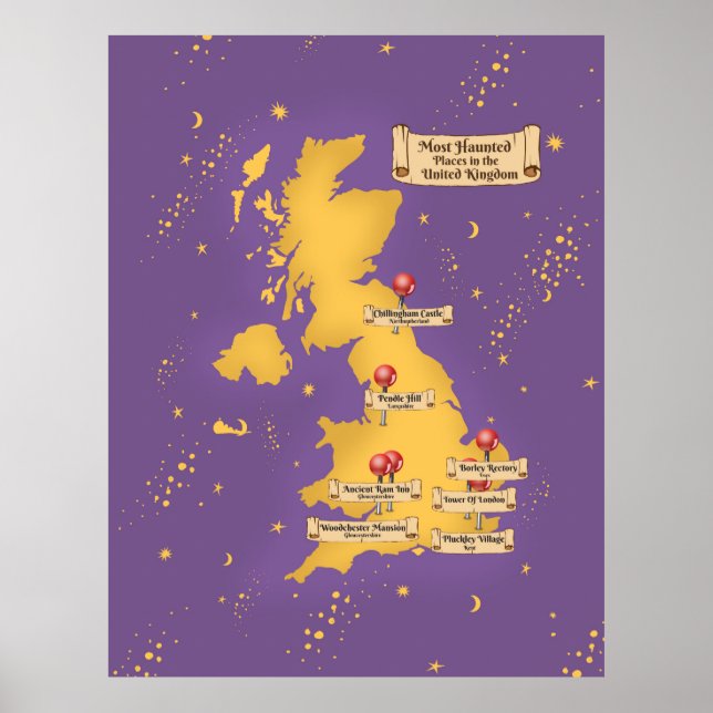 United Kingdom Most Haunted Places Map. Poster (Front)