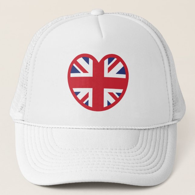 United Kingdom Union Jack Flag Heart Trucker Hat (Front)