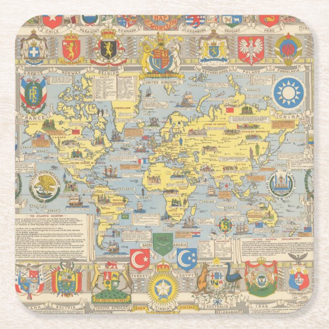 United Nations Map of the World Square Paper Coaster (Front)