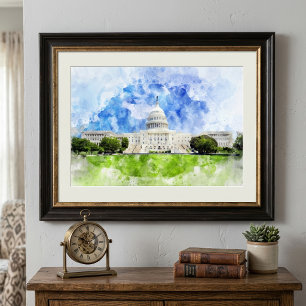 United States Capitol in Washington DC Watercolor Photo Print