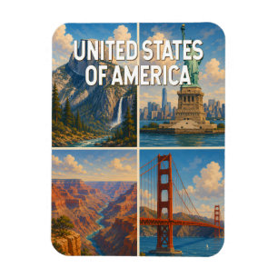 United States Collage Illustration Travel Art Magnet