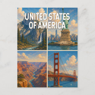 United States Collage Illustration Travel Art Postcard
