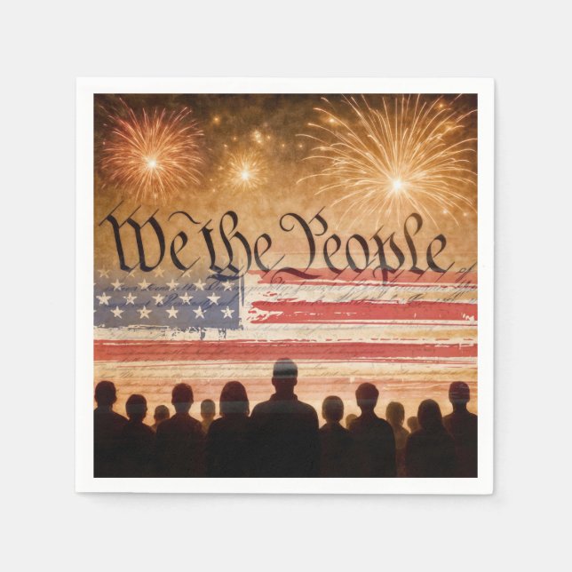 United States Constitution With Fireworks and Flag Napkin (Front)