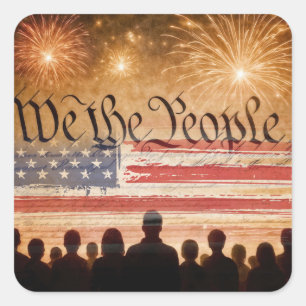 United States Constitution With Fireworks and Flag Square Sticker