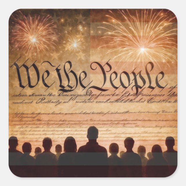 United States Constitution With Fireworks and Flag Square Sticker (Front)