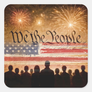 United States Constitution With Fireworks and Flag Square Sticker