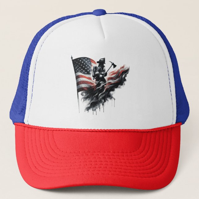  United States Flag. Firefighter Trucker Hat (Front)