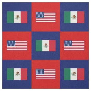 United States Flag, Mexico Flag on Blue & Red Fabric