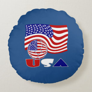 United States Flag USA Soccer Ball Blue Background Round Cushion