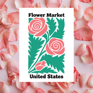 United States Flower Market Pink Rose & Leaf Postcard