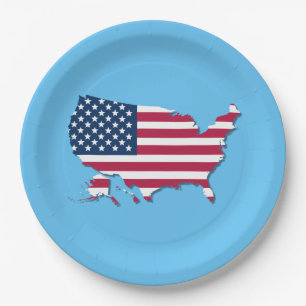 United States Map and Flag White Red Blue Paper Plate