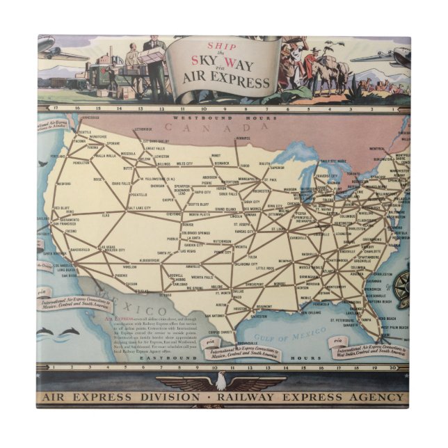 United States Map Ship the Skyway via Air Express Ceramic Tile (Front)